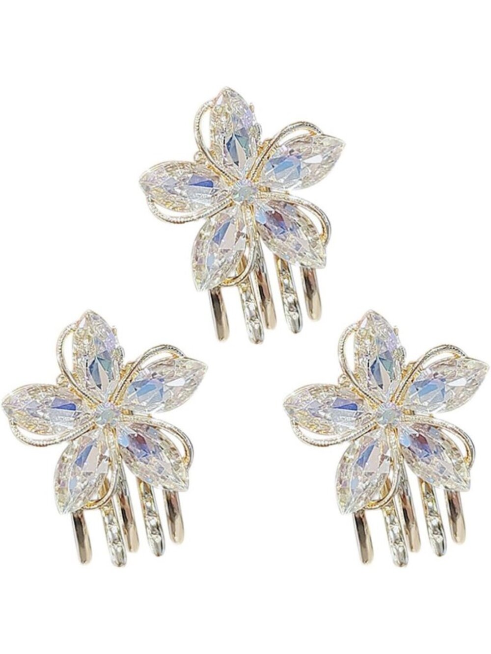 Glam Rhinestone Hair Accessories - 3pcs Flower Crystal Claw & Mini Jaw Clips